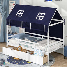 Load image into Gallery viewer, Twin House Bed with Storage Drawers &amp; Dustproof Tent, Solid Wood Montessori Bed Frame with House Roof &amp; Rails for Boys Girls Teens