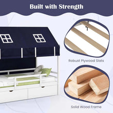 Load image into Gallery viewer, Twin House Bed with Storage Drawers &amp; Dustproof Tent, Solid Wood Montessori Bed Frame with House Roof &amp; Rails for Boys Girls Teens