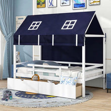 Load image into Gallery viewer, Twin House Bed with Storage Drawers &amp; Dustproof Tent, Solid Wood Montessori Bed Frame with House Roof &amp; Rails for Boys Girls Teens