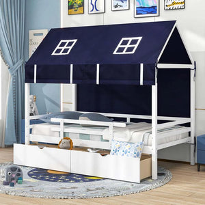 Twin House Bed with Storage Drawers & Dustproof Tent, Solid Wood Montessori Bed Frame with House Roof & Rails for Boys Girls Teens