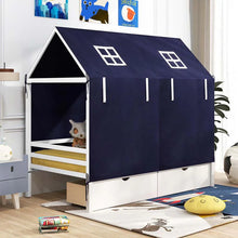 Load image into Gallery viewer, Twin House Bed with Storage Drawers &amp; Dustproof Tent, Solid Wood Montessori Bed Frame with House Roof &amp; Rails for Boys Girls Teens
