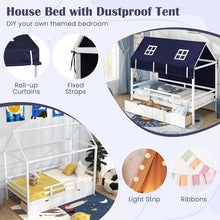Load image into Gallery viewer, Twin House Bed with Storage Drawers &amp; Dustproof Tent, Solid Wood Montessori Bed Frame with House Roof &amp; Rails for Boys Girls Teens