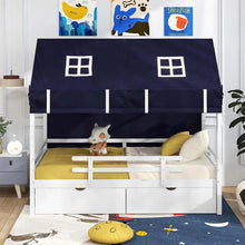 Load image into Gallery viewer, Twin House Bed with Storage Drawers &amp; Dustproof Tent, Solid Wood Montessori Bed Frame with House Roof &amp; Rails for Boys Girls Teens