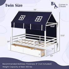 Load image into Gallery viewer, Twin House Bed with Storage Drawers &amp; Dustproof Tent, Solid Wood Montessori Bed Frame with House Roof &amp; Rails for Boys Girls Teens